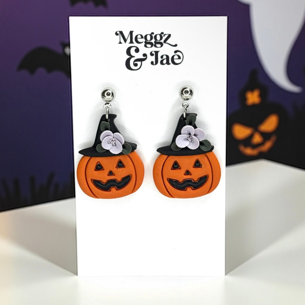 “Jack O Lantern Witch” polymer clay dangle earrings