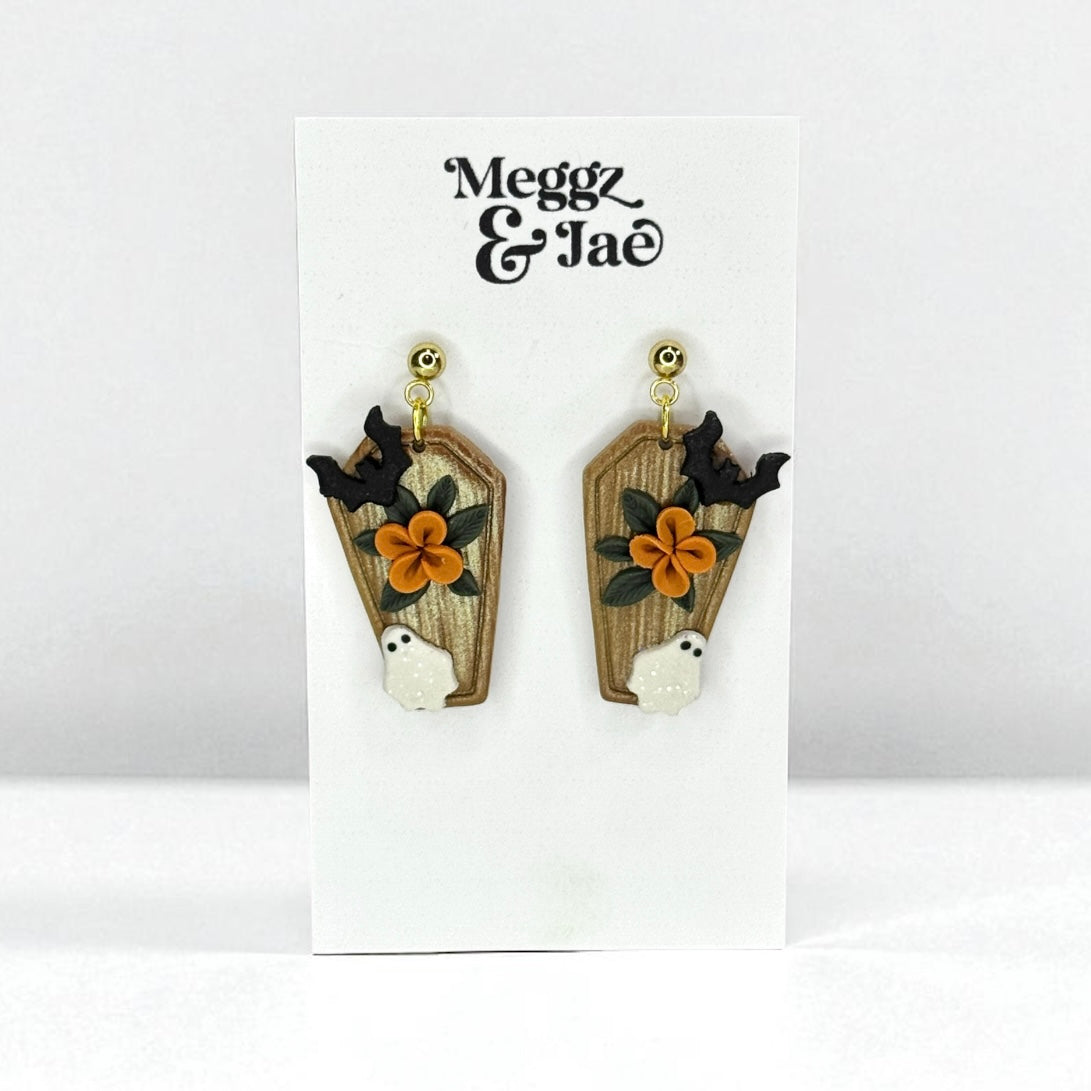 “Coffin” garden ghost polymer clay dangle earrings