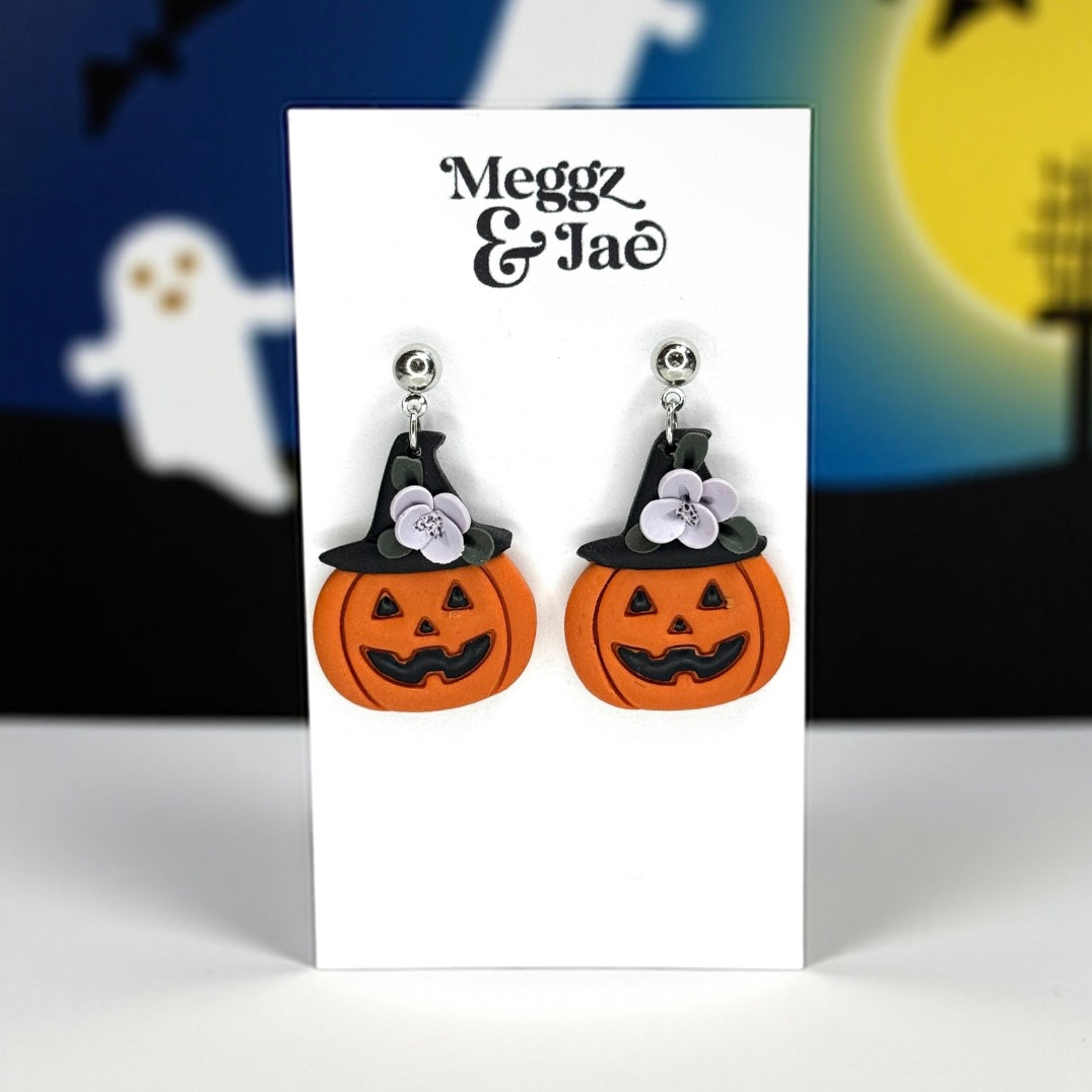 “Jack O Lantern Witch” polymer clay dangle earrings