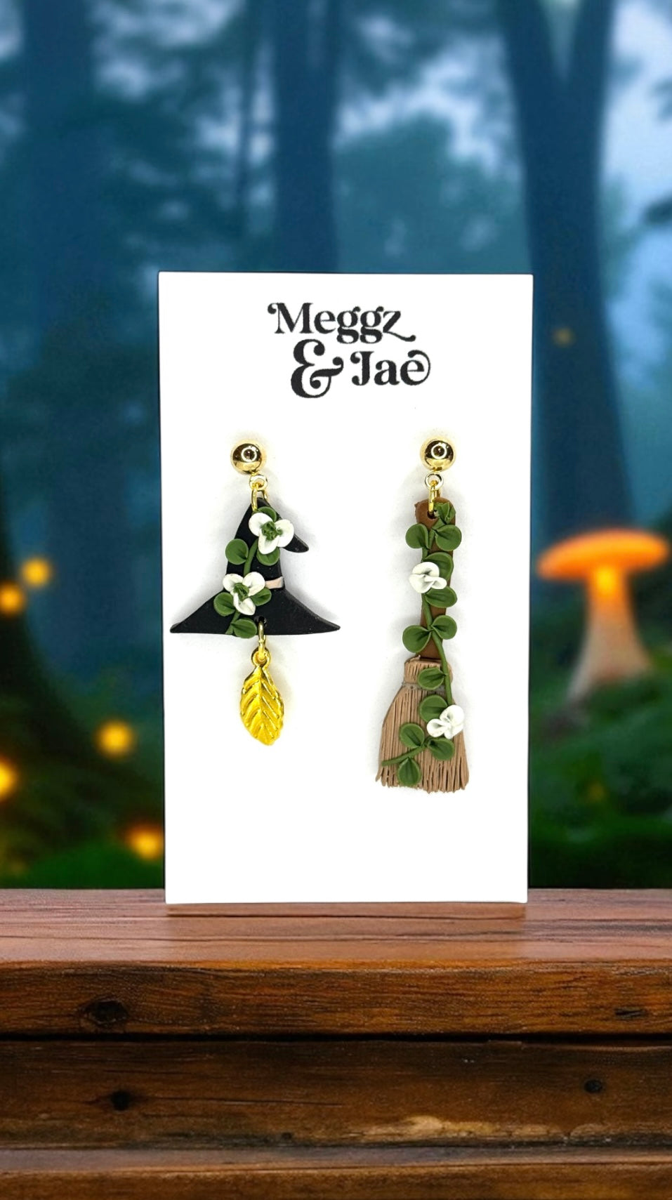 “Witch Hat & Broom” polymer clay dangle earrings