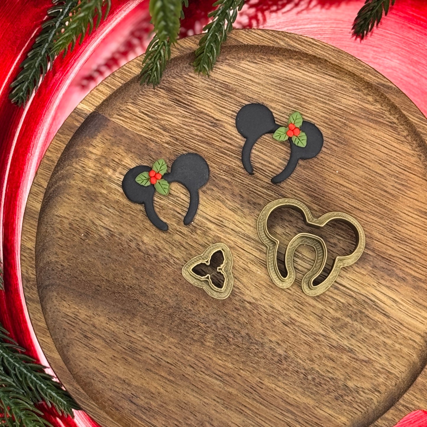 Christmas set of 2 magical mouse headband with holly polymer clay cutter