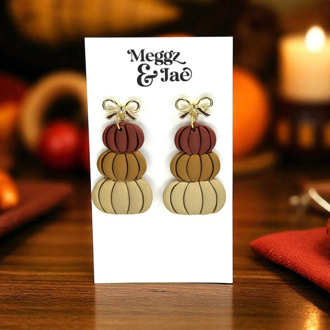 “Stacked pumpkins” polymer clay dangle earrings