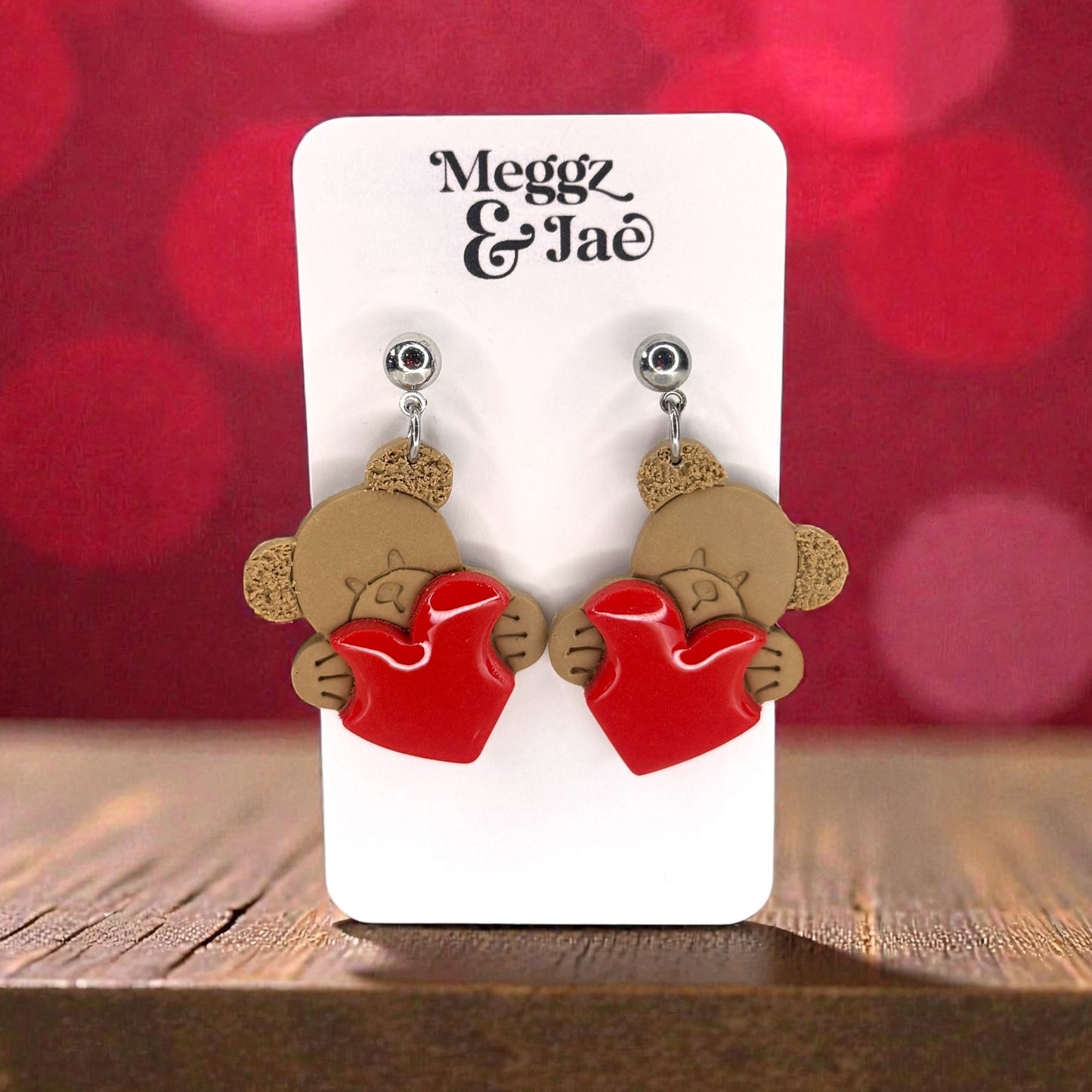 Teddy bear holding a heart valentines polymer clay earrings