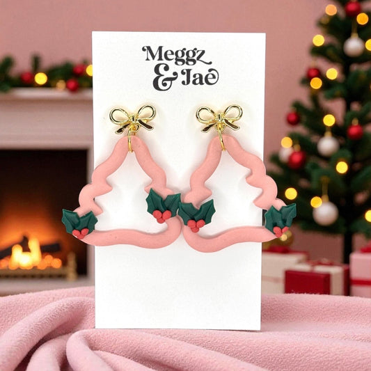 Pink Christmas Tree Polymer Clay Earrings