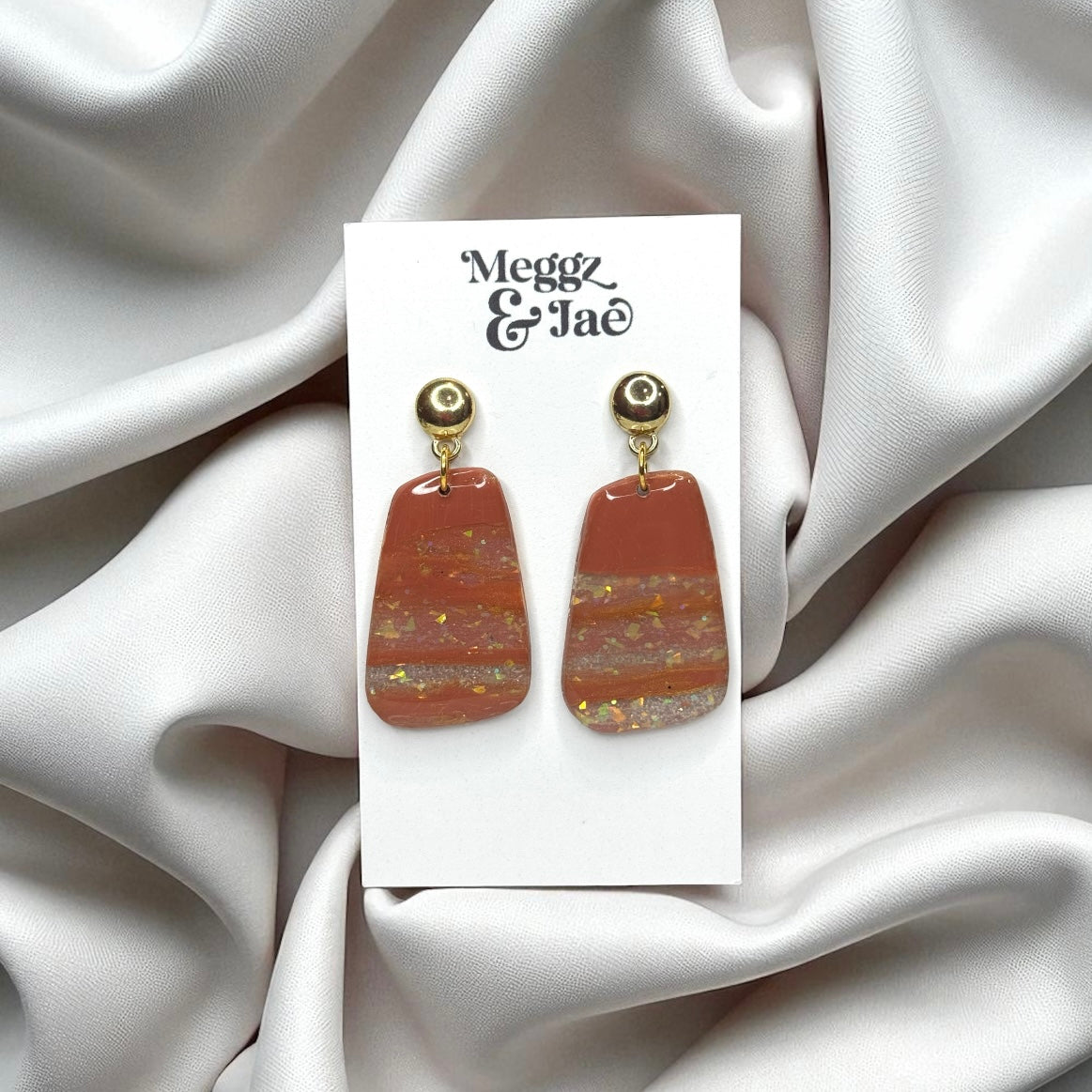 “Ashley” Rust and gold shimmer drop damgle earrings
