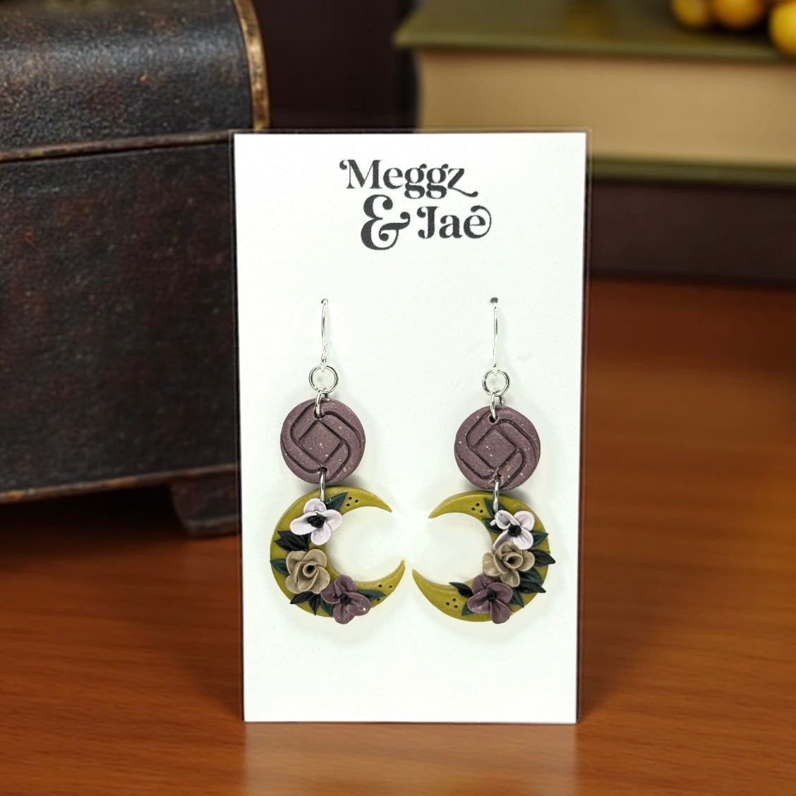 “Floral Crescents” crescent moon polymer clay dangle earrings