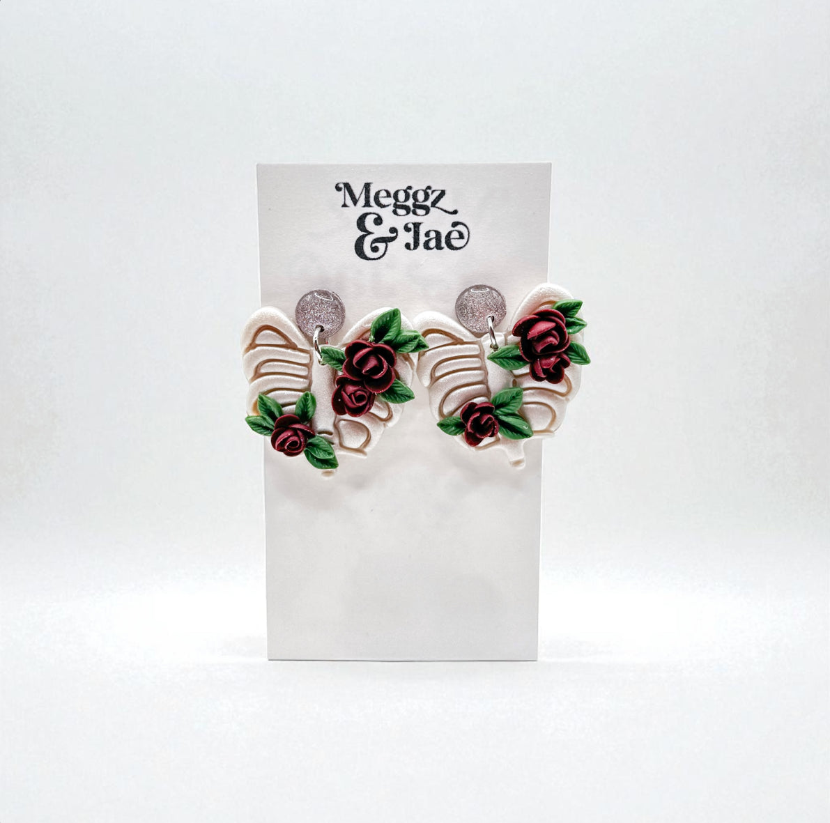 “Rose Ribs” rose floral ribcage polymer clay dangles