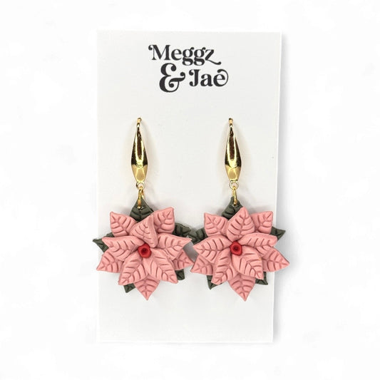 Pink poinsettia polymer clay earrings