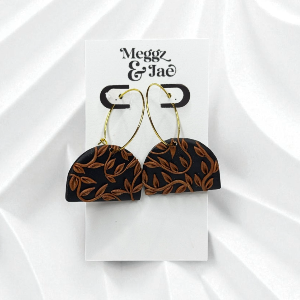 “Amber” black and copper leaf hoop dangle earrings