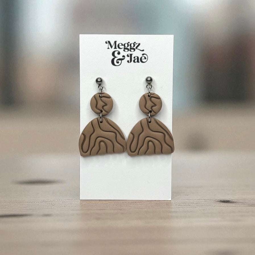 “Andrea” Taupe line art polymer clay dangle earrings
