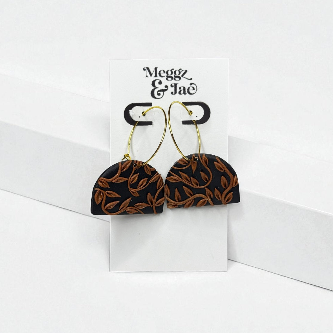 “Amber” black and copper leaf hoop dangle earrings