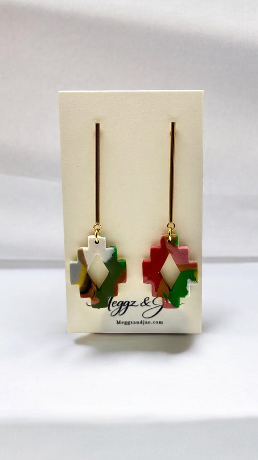 Aztec Geometric Cross Statement Earrings Handmade Polymer Clay Lightweight Dangle Earrings Meggz and Jae