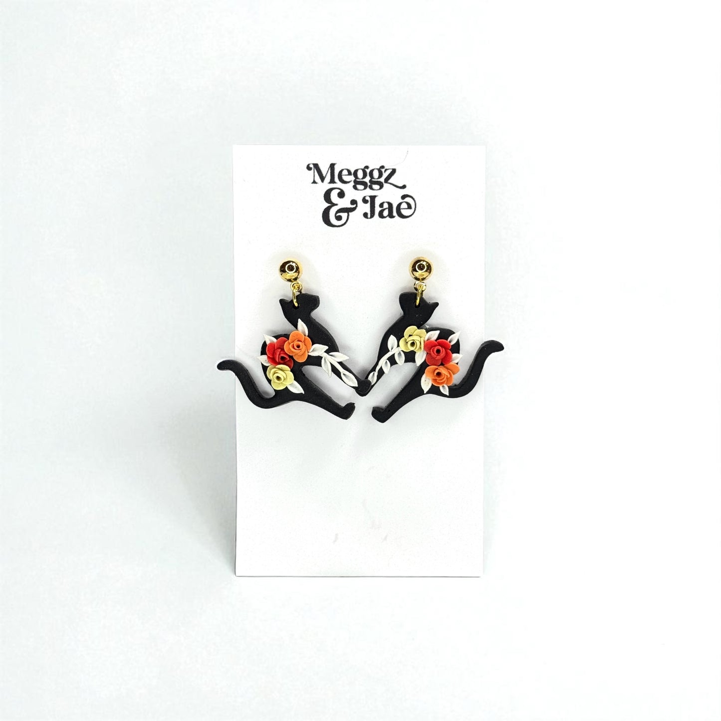 “Floral Black Cat” polymer clay dangle earrings