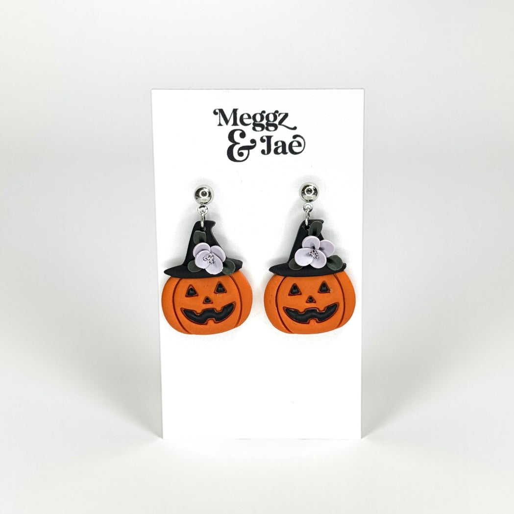 “Jack O Lantern Witch” polymer clay dangle earrings