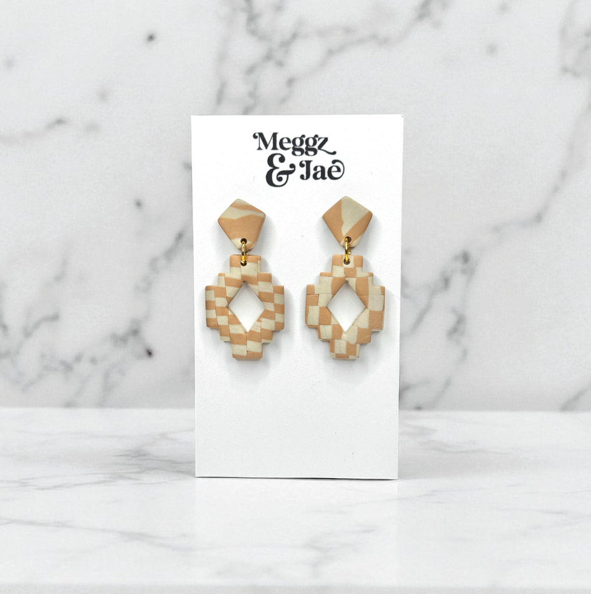 “Kelsie” Neutral checkered geometrical polymer clay dangle earrings