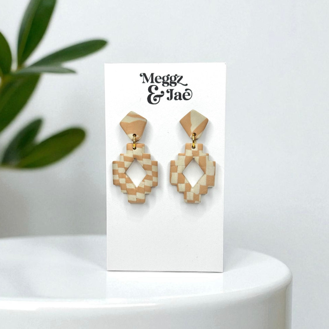 “Kelsie” Neutral checkered geometrical polymer clay dangle earrings