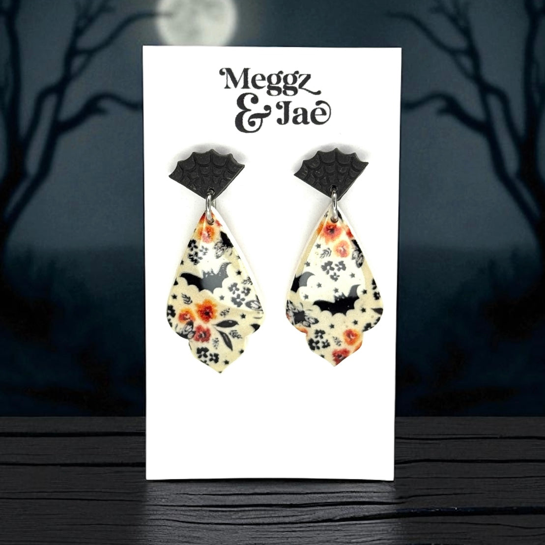“Pattern Bats” polymer clay dangle earrings