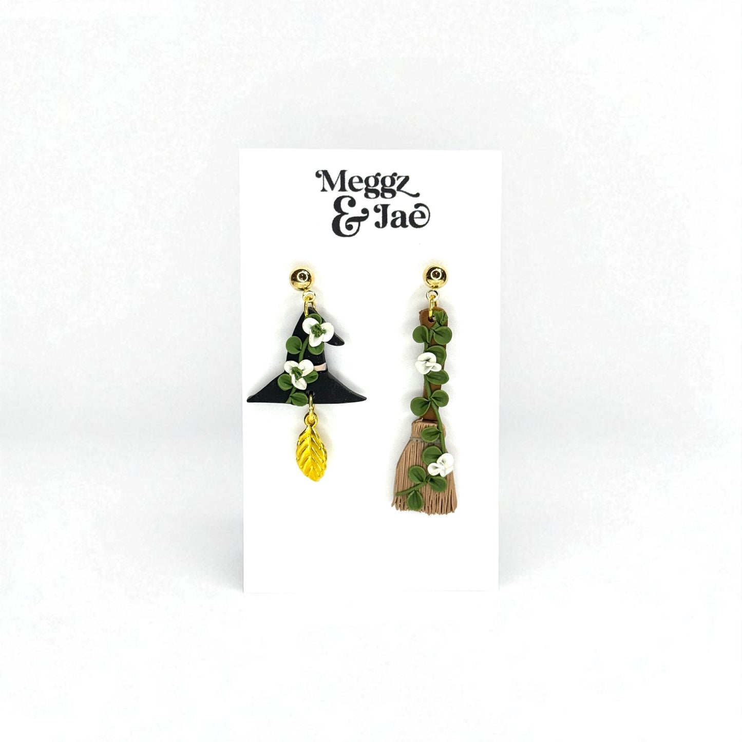 “Witch Hat & Broom” polymer clay dangle earrings