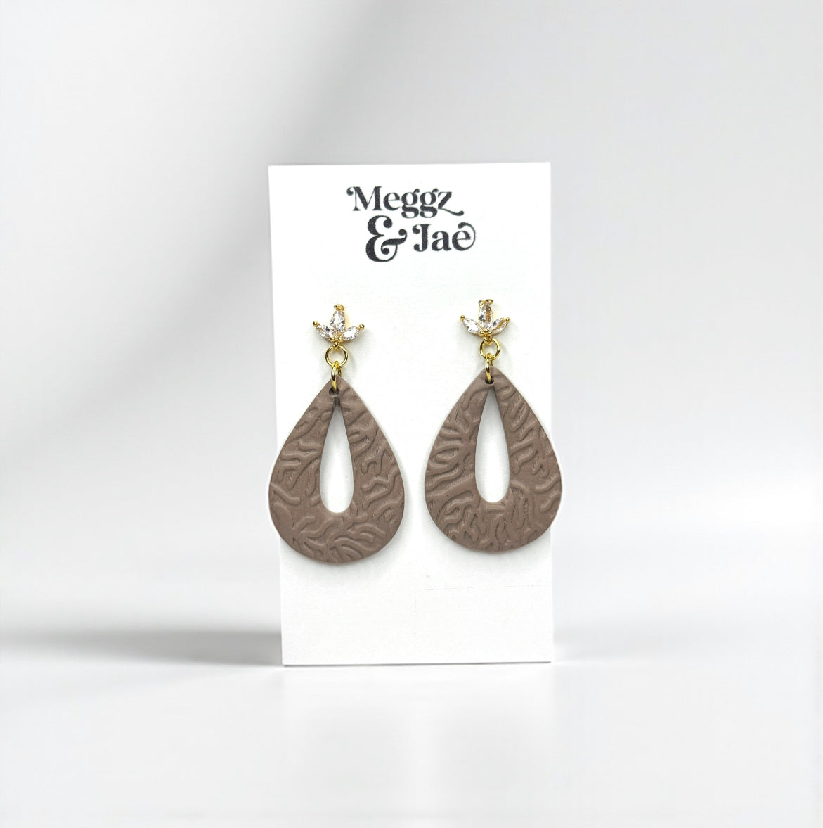 “Teresa” textured taupe teardrop polymer clay dangle earrings