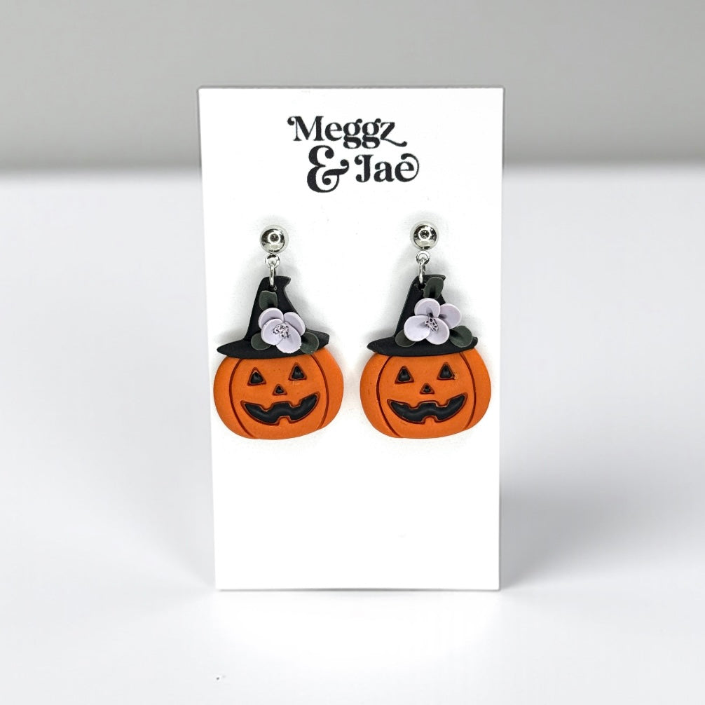 “Jack O Lantern Witch” polymer clay dangle earrings