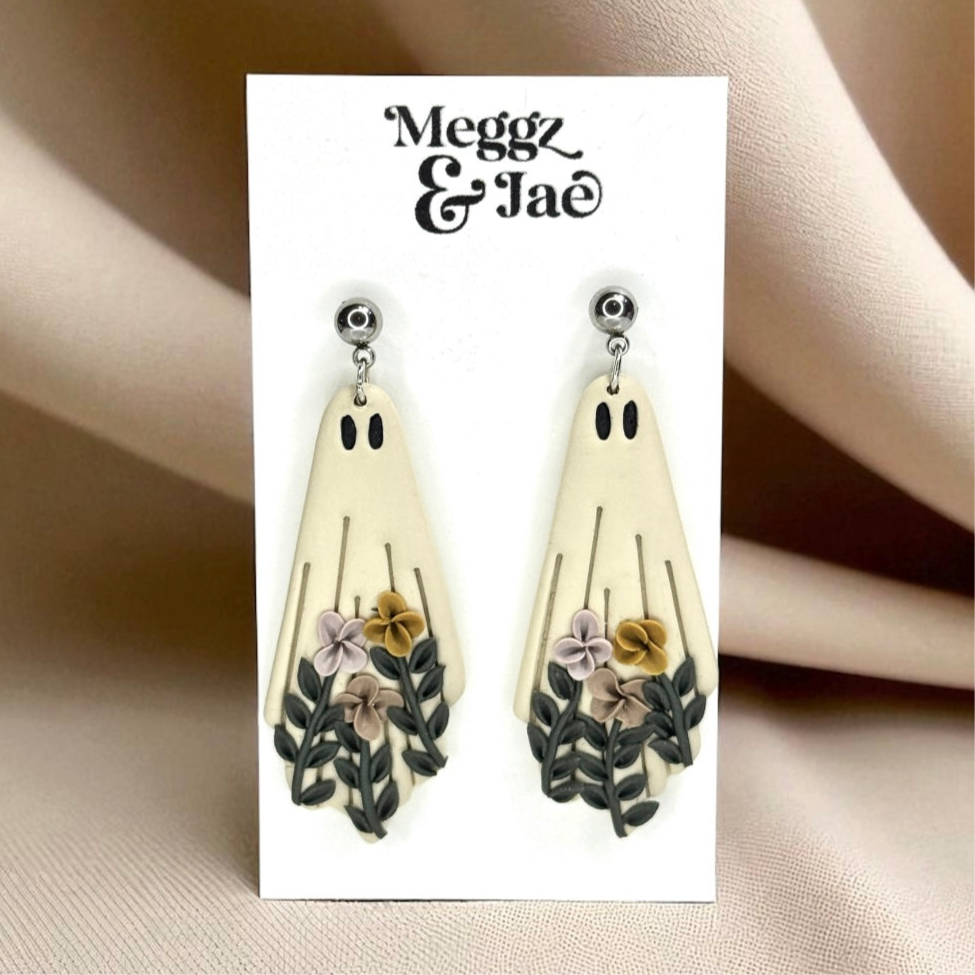 “Floral ghost” polymer clay dangle earrings