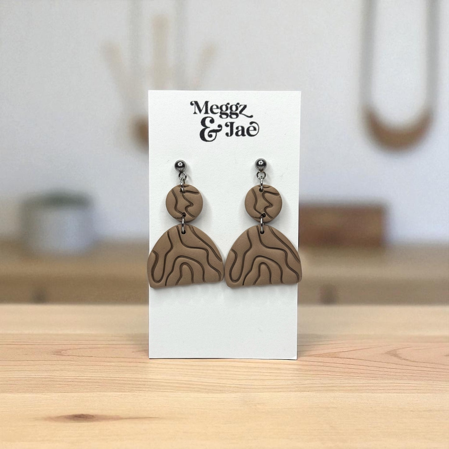 “Andrea” Taupe line art polymer clay dangle earrings