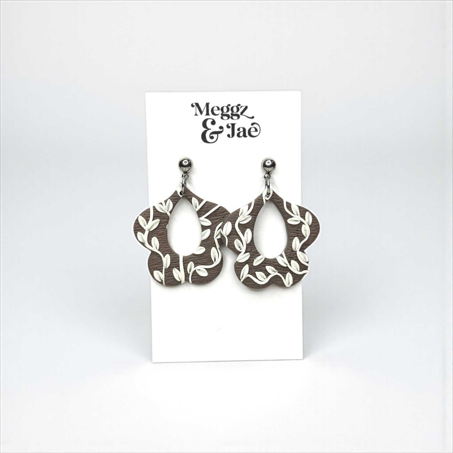“Ivory” grey floral with vines polymer clay earrings
