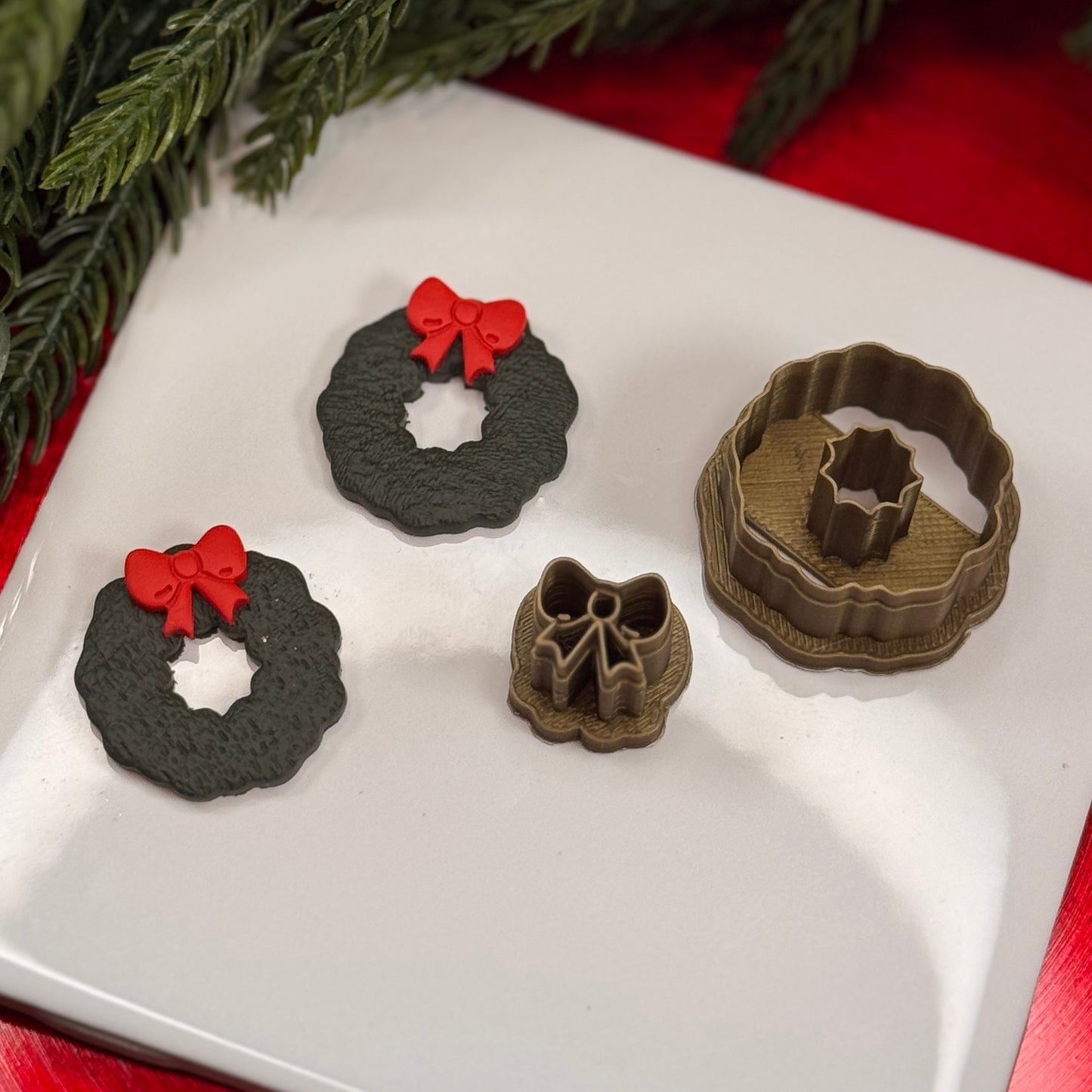 Christmas set of 2 wreath with bow polymer clay cutter