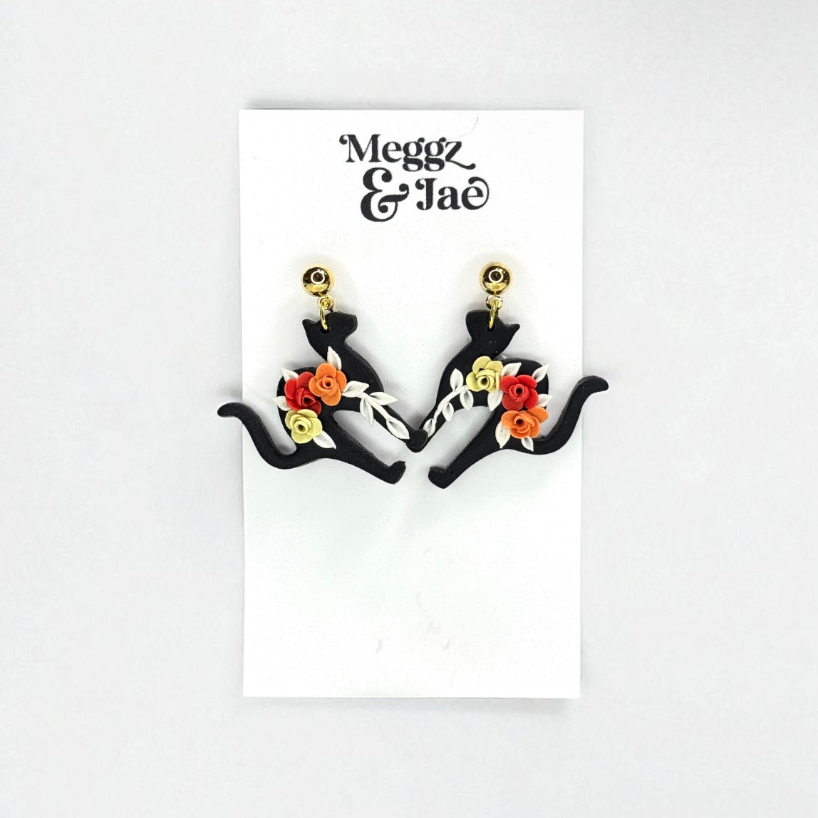 “Floral Black Cat” polymer clay dangle earrings