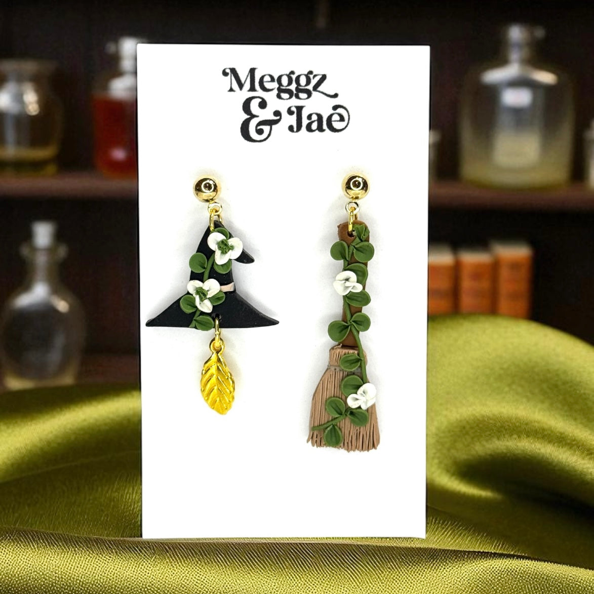“Witch Hat & Broom” polymer clay dangle earrings