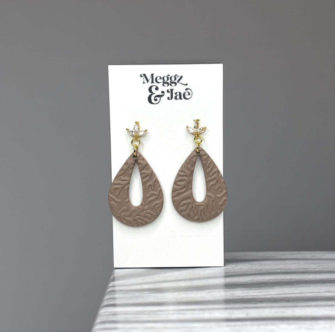 “Teresa” textured taupe teardrop polymer clay dangle earrings