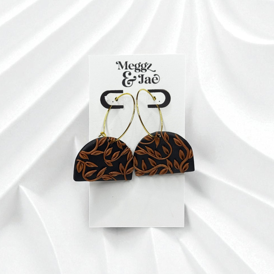 “Amber” black and copper leaf hoop dangle earrings