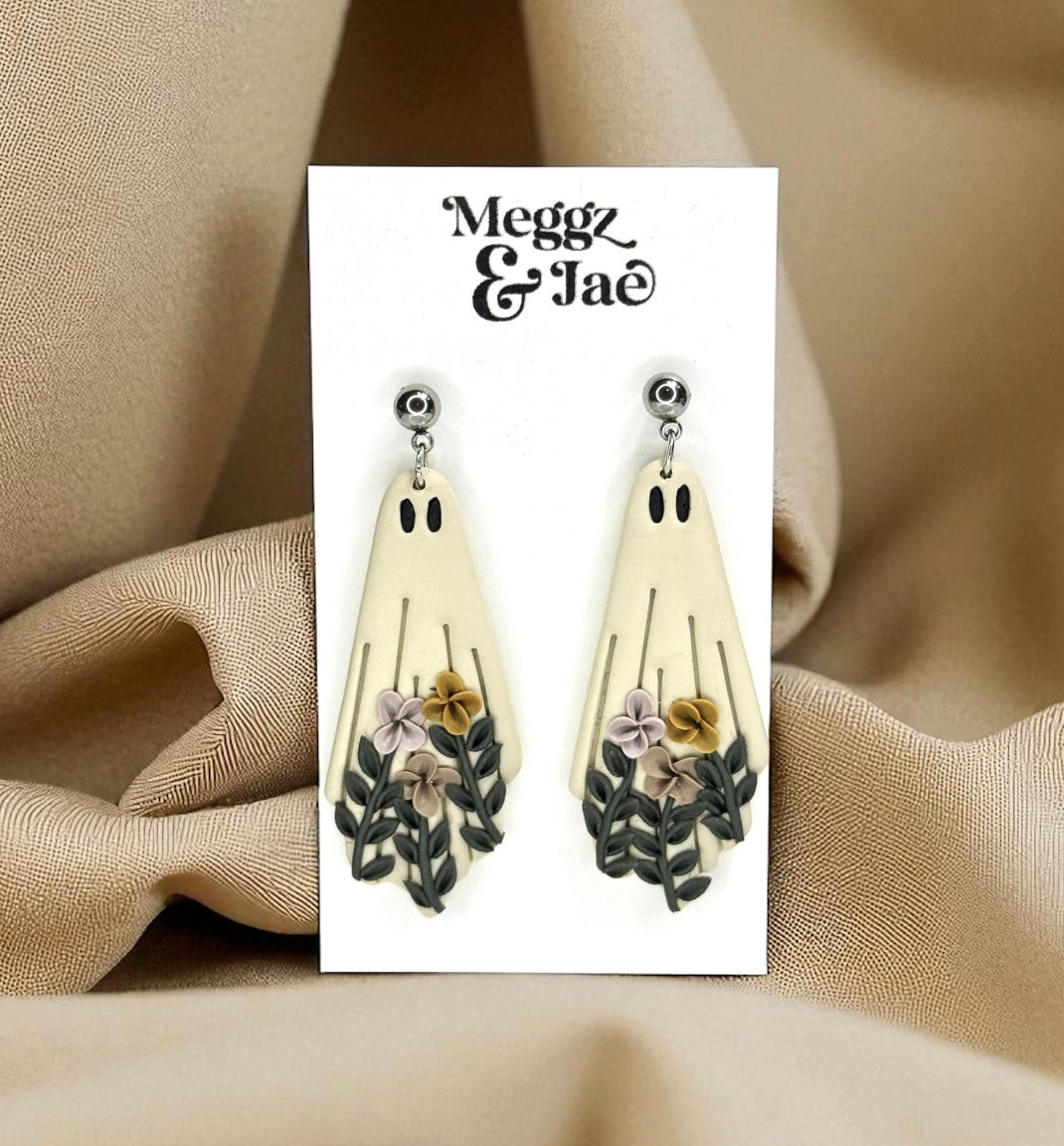 “Floral ghost” polymer clay dangle earrings