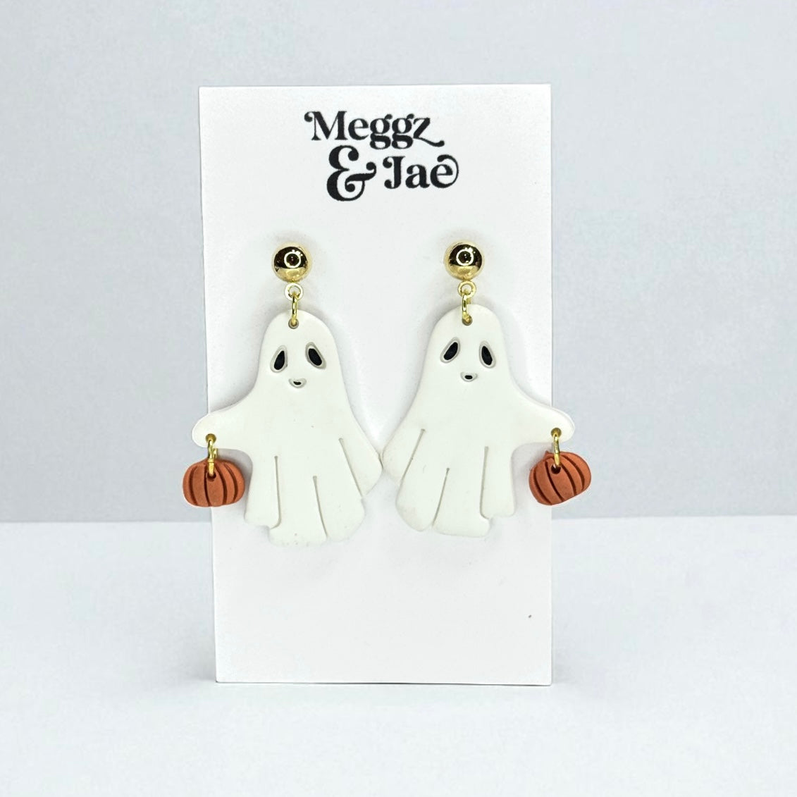 “Ghosts Holding Pumpkins” charms polymer clay dangle earrings