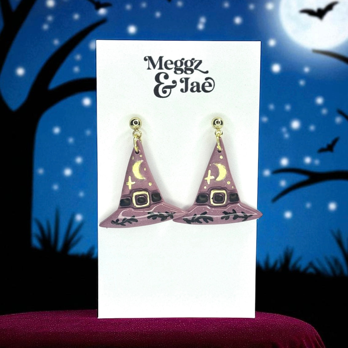 “Moonlit Witch” hat polymer clay dangle earrings