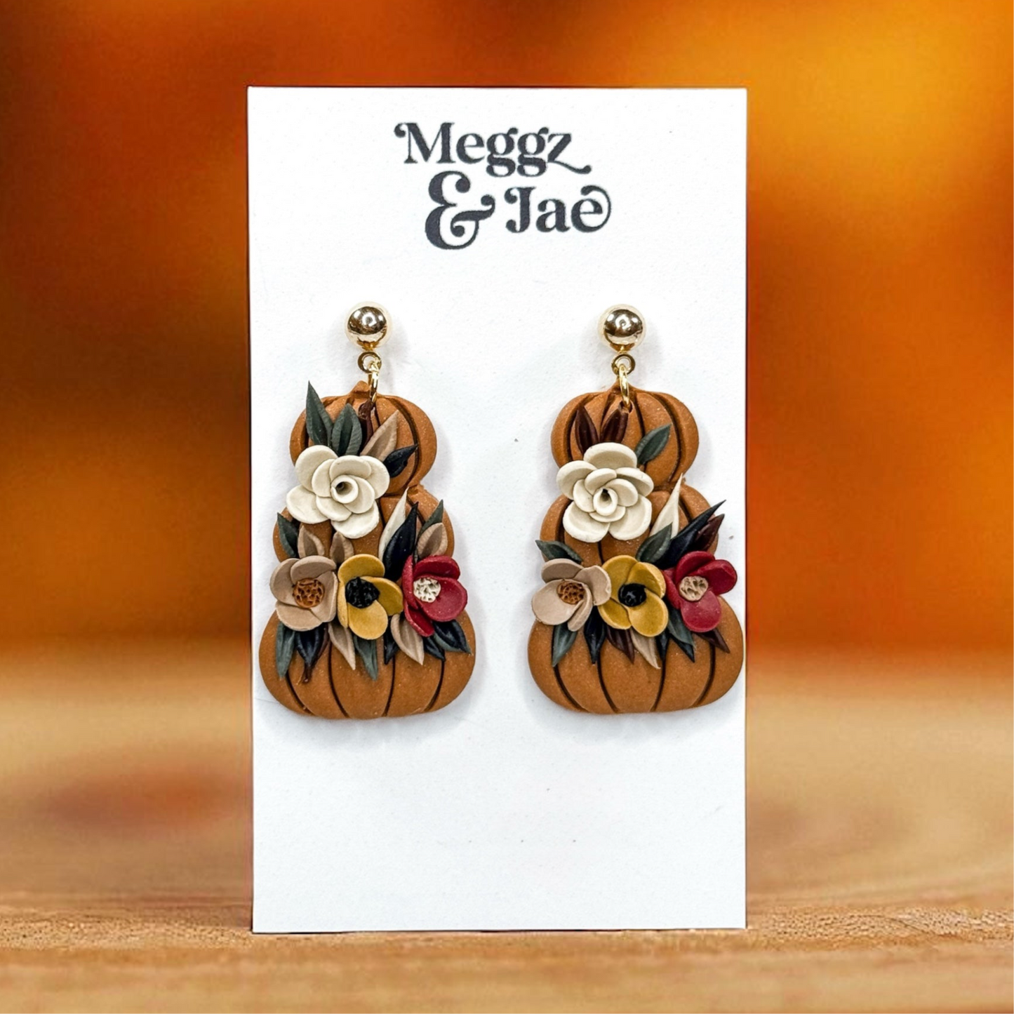 “Autumn” pumpkin with florals polymer clay dangles