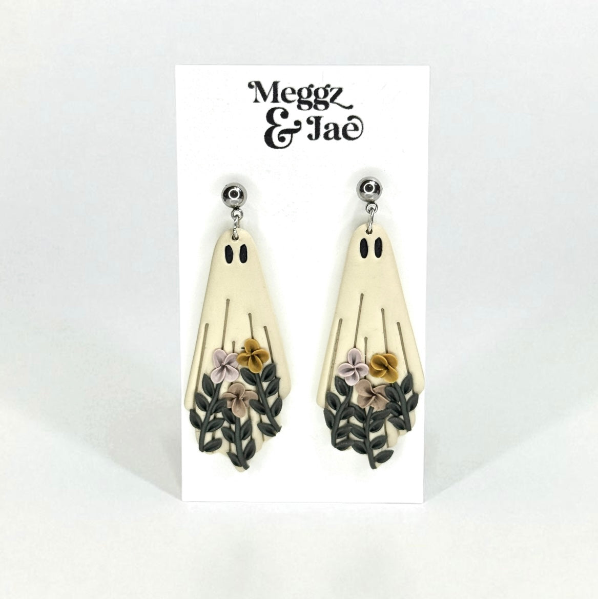 “Floral ghost” polymer clay dangle earrings