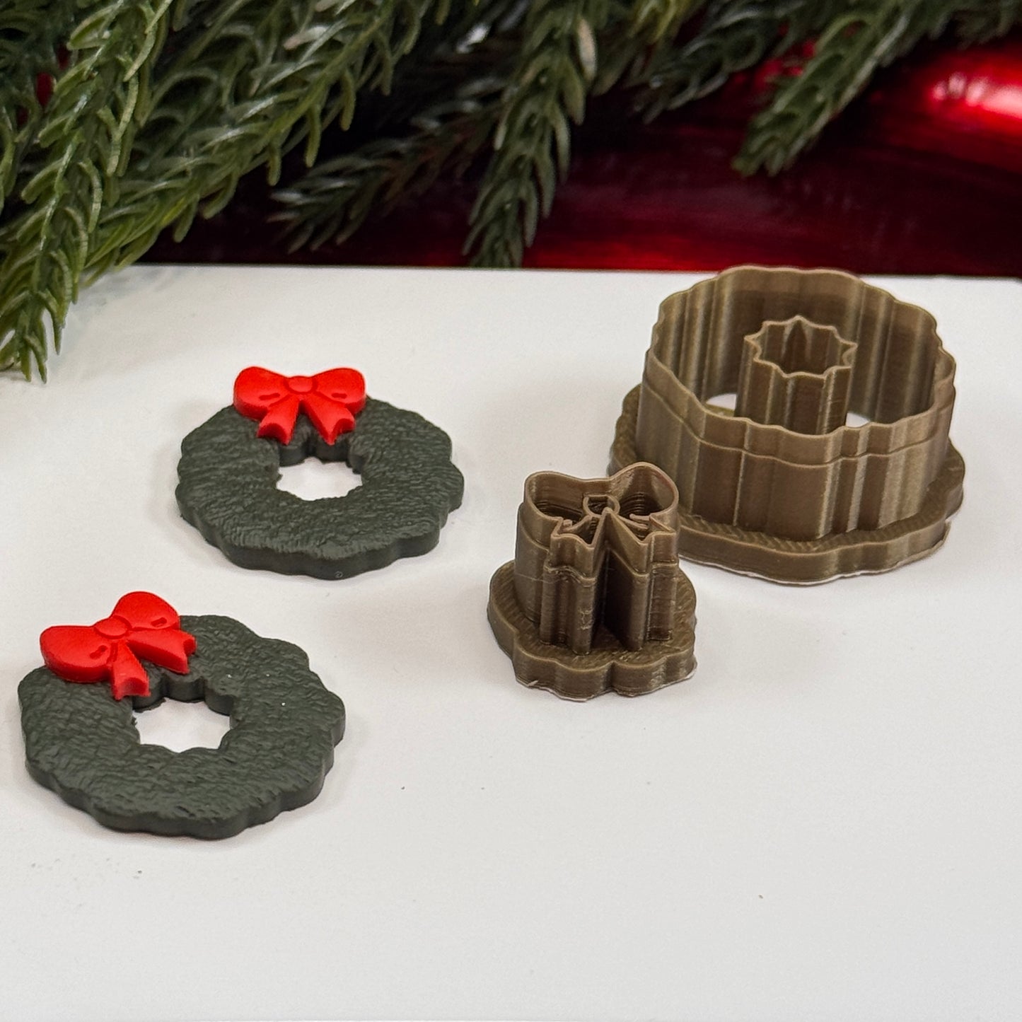 Christmas set of 2 wreath with bow polymer clay cutter