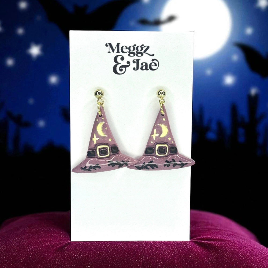 “Moonlit Witch” hat polymer clay dangle earrings