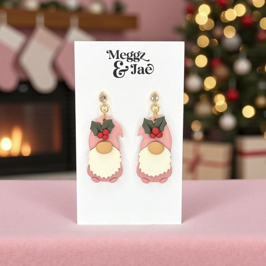 Pink Christmas Gnome Polymer Clay Earrings