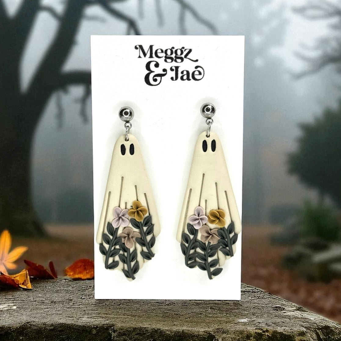 “Floral ghost” polymer clay dangle earrings