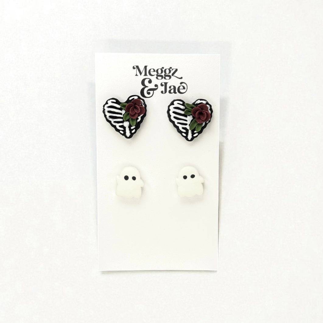“Skeleton heart” stud set polymer clay stud earrings