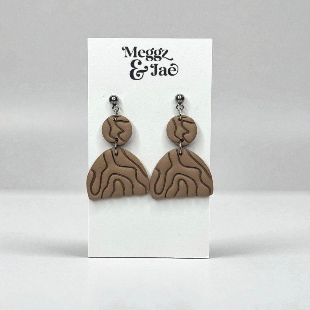 “Andrea” Taupe line art polymer clay dangle earrings