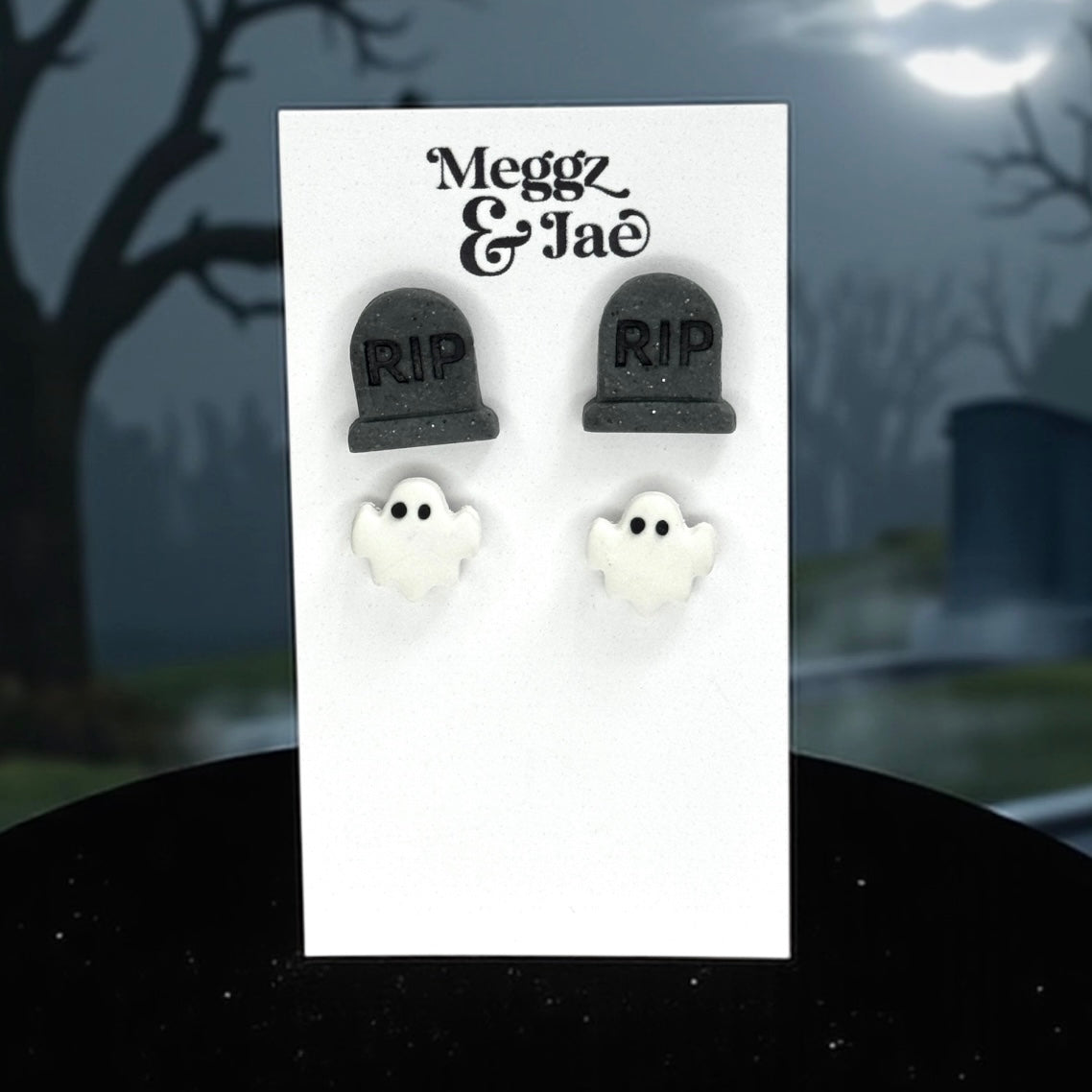 “Gravestone and ghost” stud set earrings
