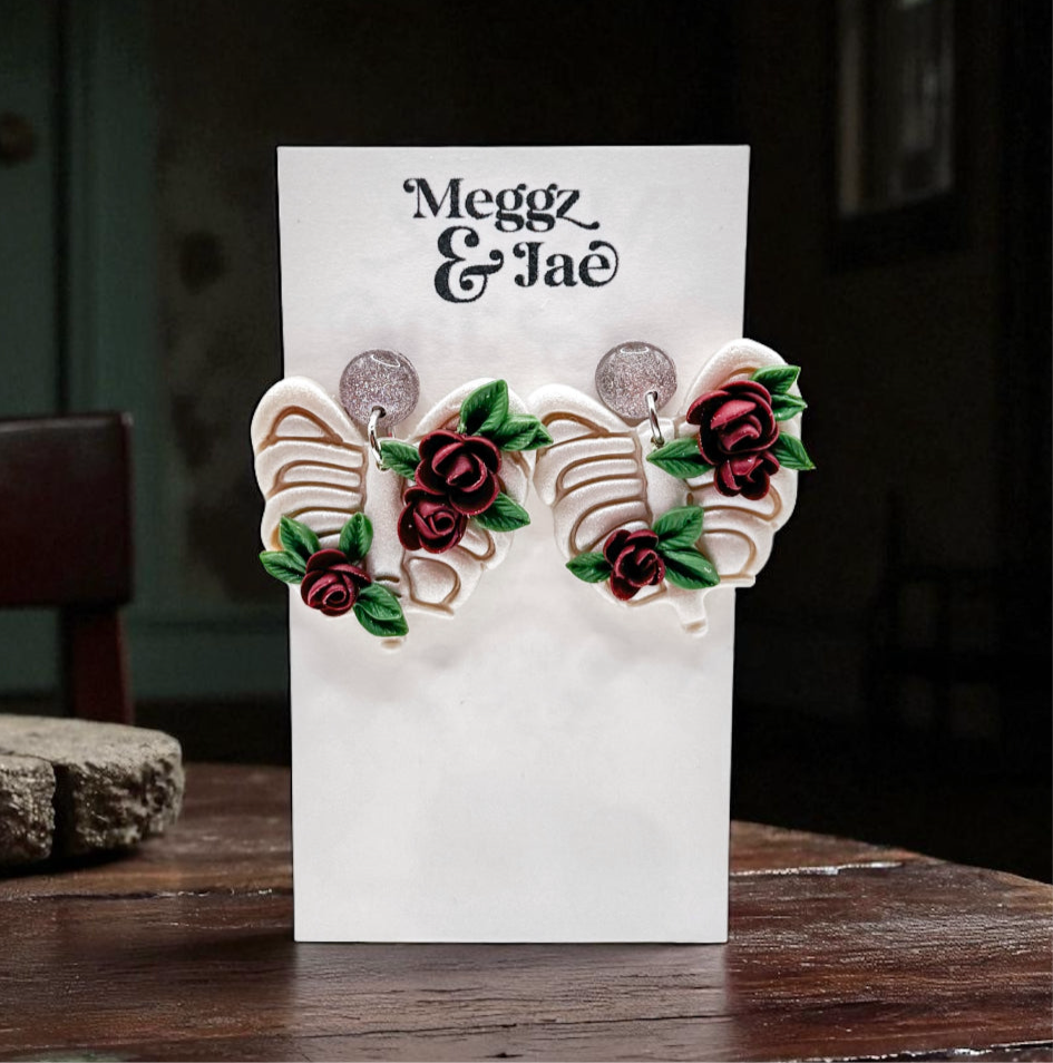 “Rose Ribs” rose floral ribcage polymer clay dangles