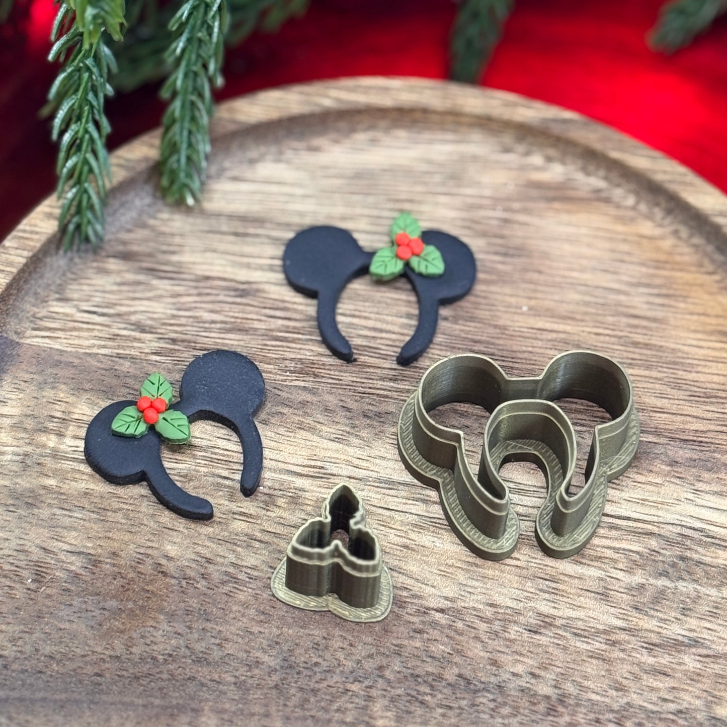 Christmas set of 2 magical mouse headband with holly polymer clay cutter