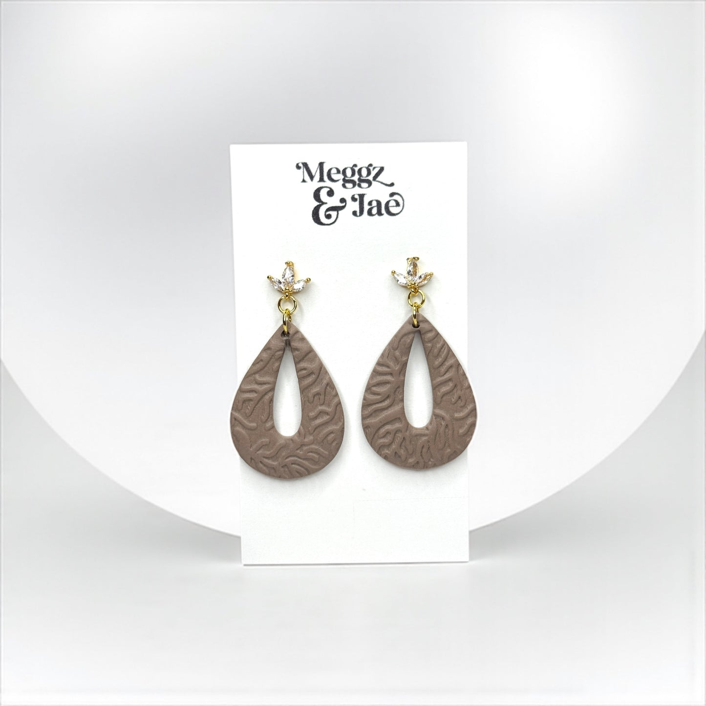 “Teresa” textured taupe teardrop polymer clay dangle earrings