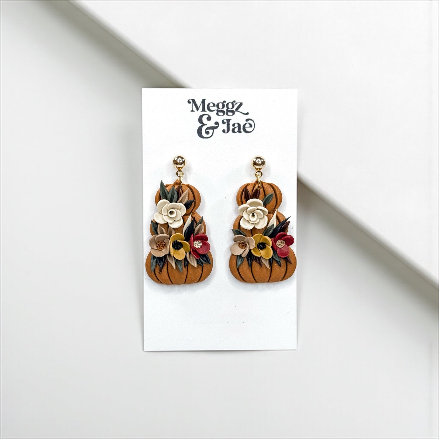“Autumn” pumpkin with florals polymer clay dangles