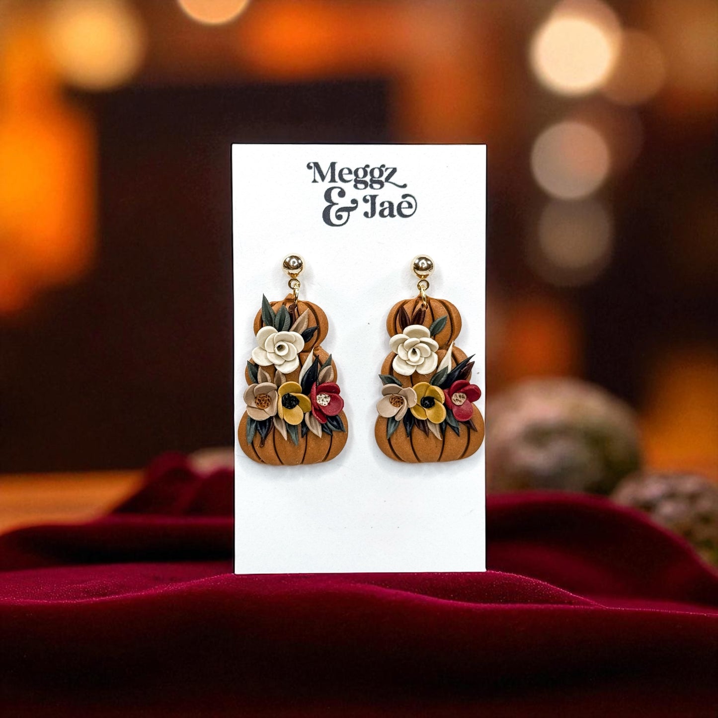 “Autumn” pumpkin with florals polymer clay dangles