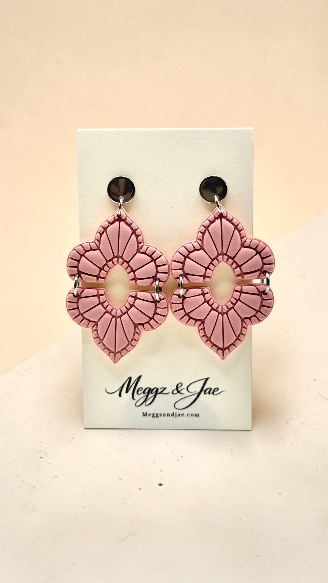 Pink boho scalloped arch oval polymer clay earrings with stainless steel topper